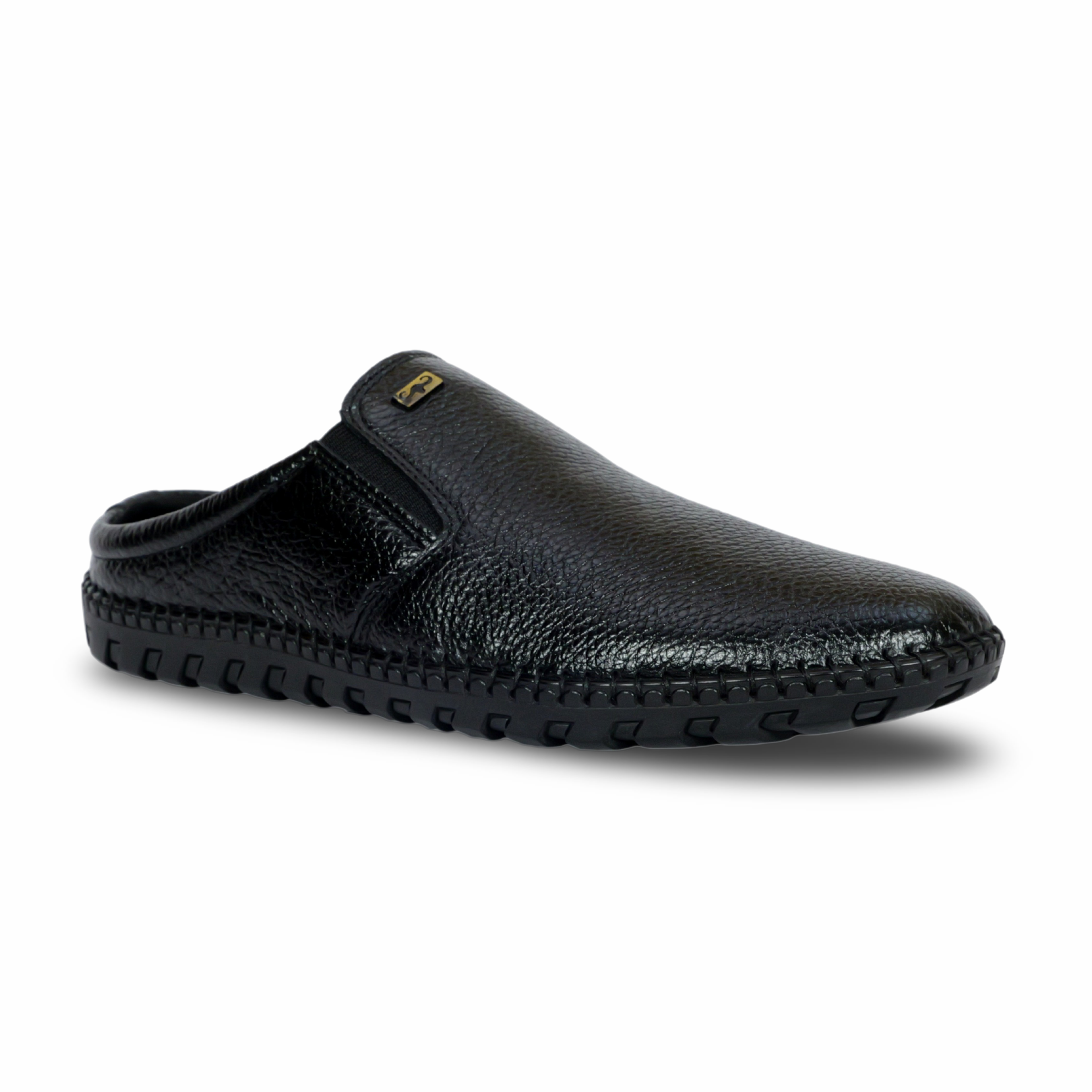 Diagonal view of black leather mule HW-110 showing wide comfort fit design