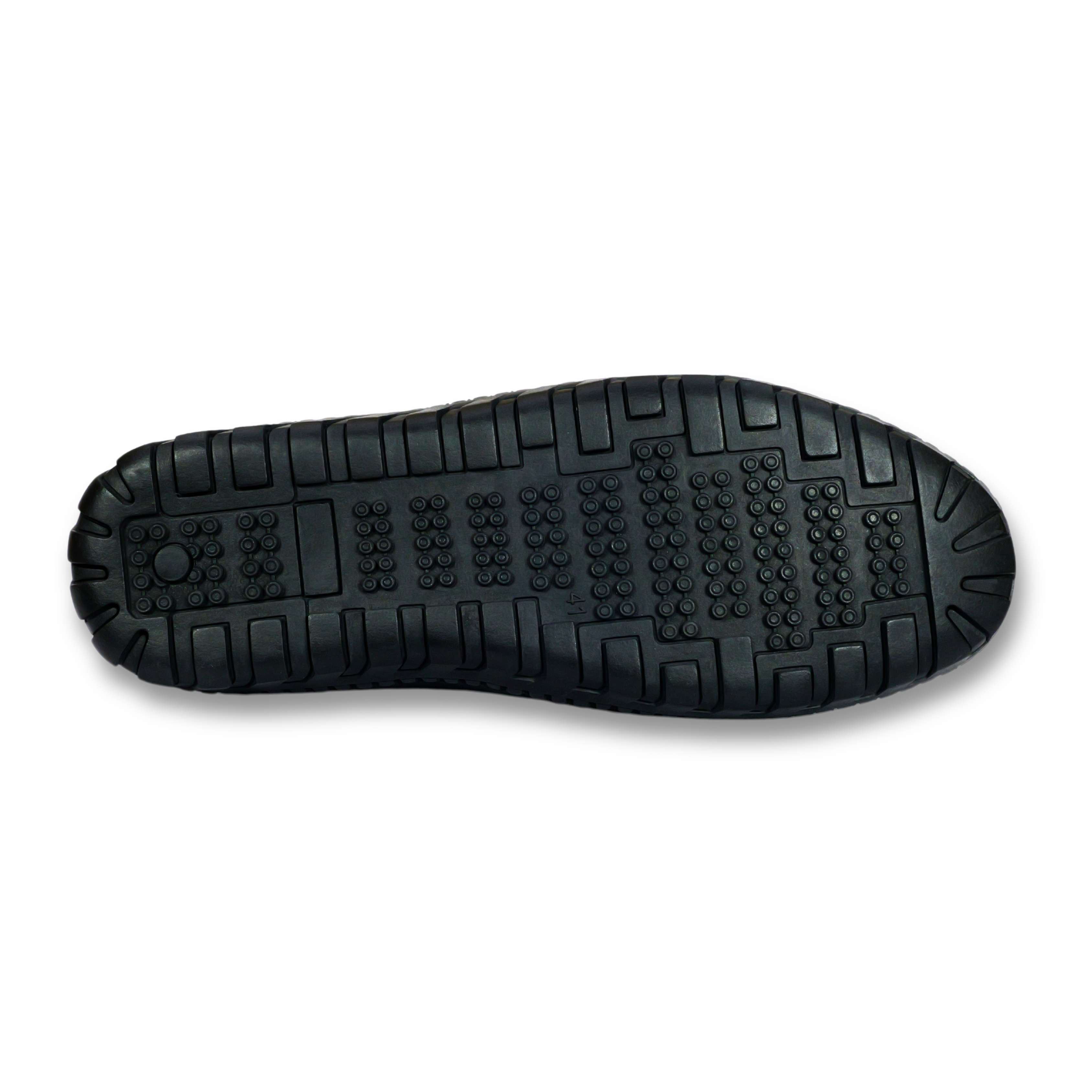 Rubber sole,bottom  view of black leather mule HW-110 showing wide comfort fit design