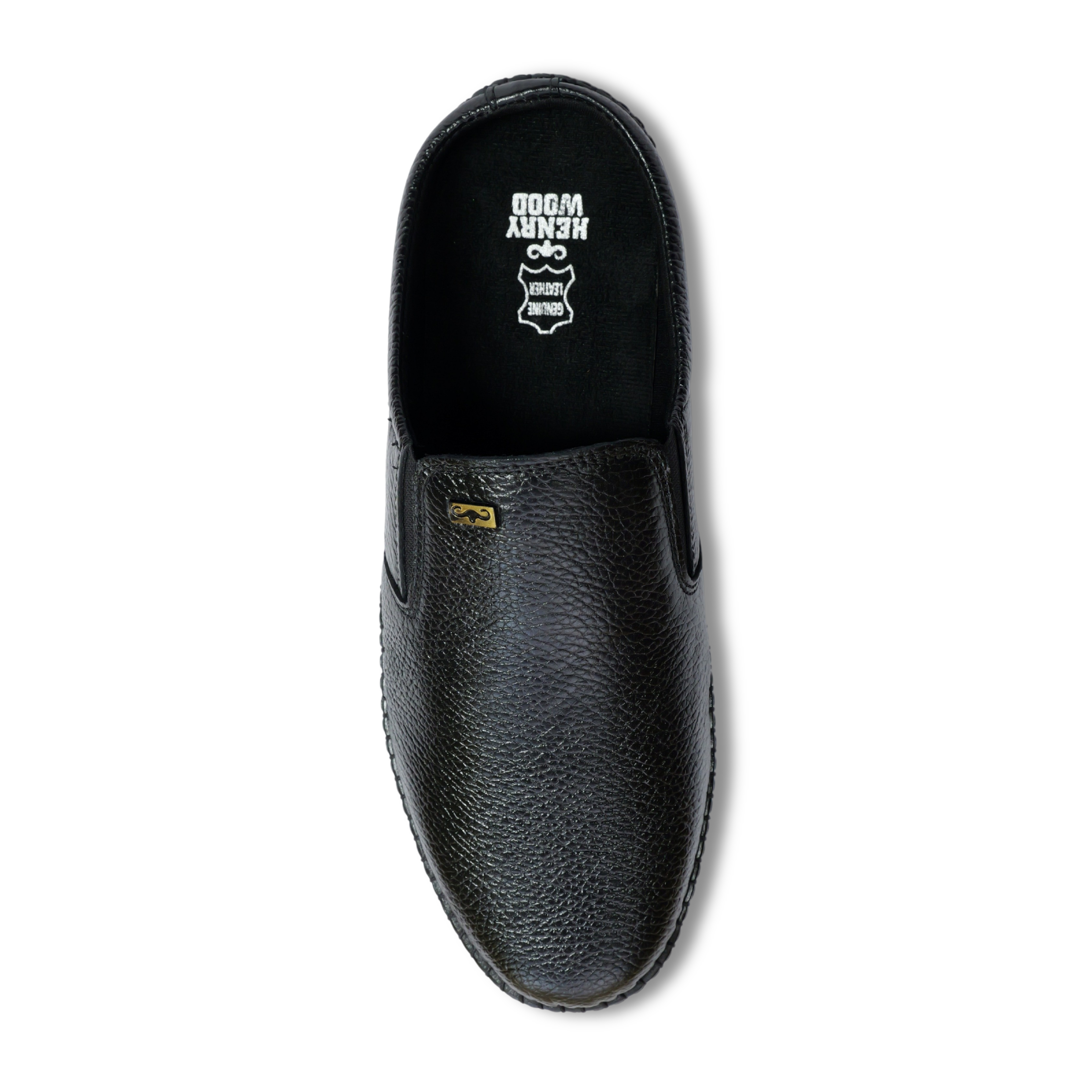Top view of black leather mule HW-110 showing wide comfort fit design